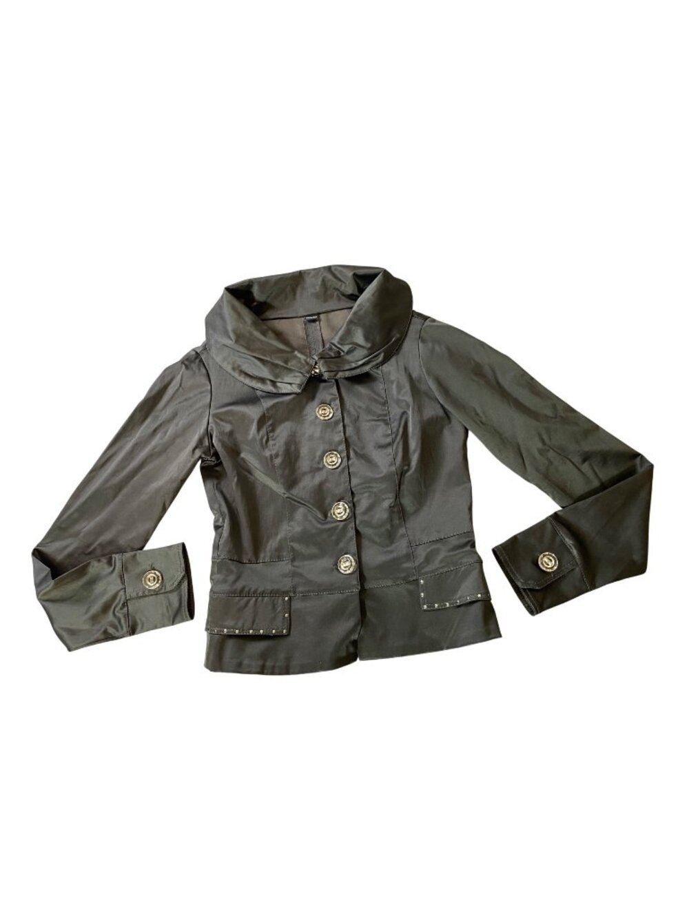 Luaruana Black Fitted Button-Up Jacket Studded Pockets High Collar Medium
